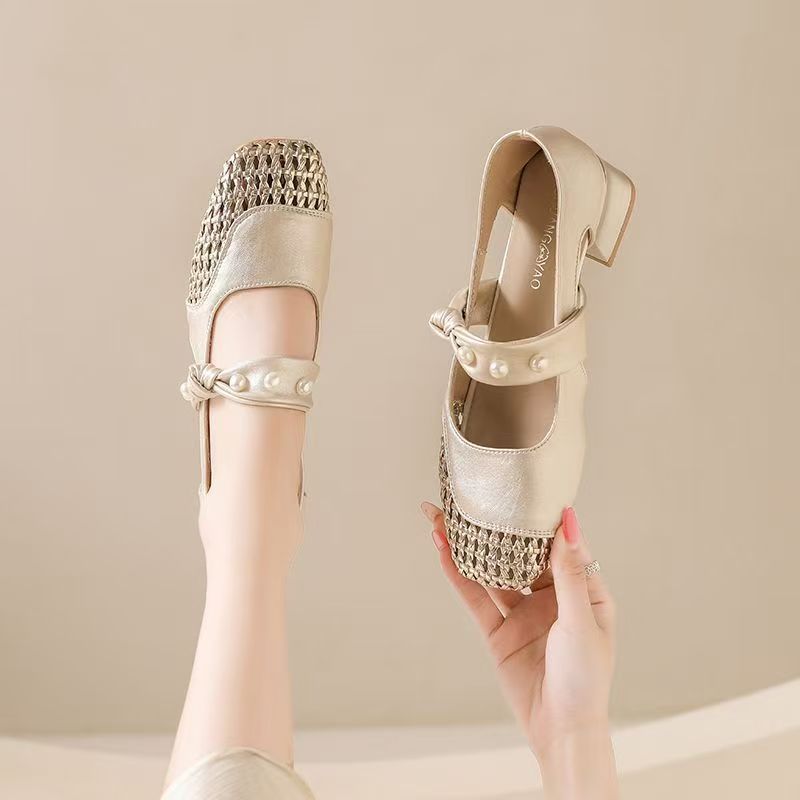 Vintage Collectible Shoes - รองเท้าสไตล์วินเทจสำหรับผู้หญิง รุ่นแมรี่เจน ประดับมุกถักทอ ดีไซน์หัวเหลี่ยม สำหรับคอลเลคชั่นฤดูใบไม้ผลิปี 2026